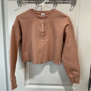Aritzia Wilfred Free Mavis Ribbed Cropped Henley Long Sleeve Top Women Sz Small